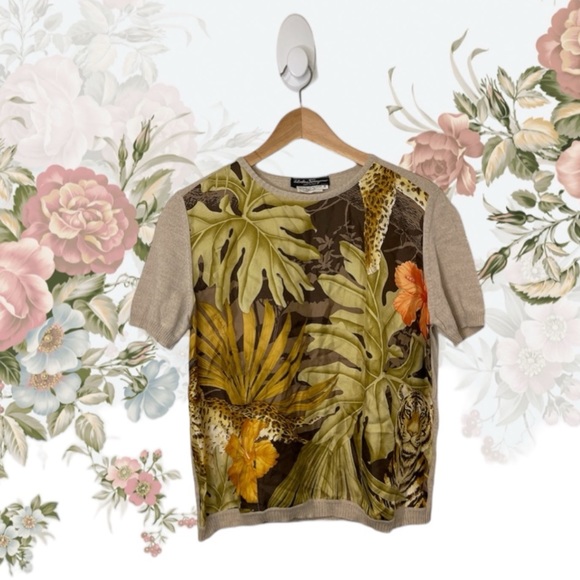 Rare SALVATORE FERRAGAMO silk short sleeve top M - Picture 1 of 13